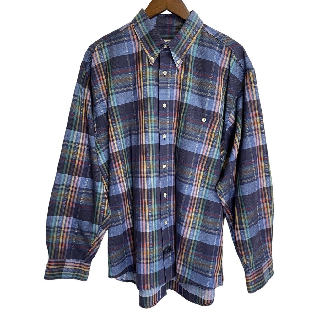 Cotton Reel Button Down Shirt Mens Large Blue Multi Color Plaid Long Sleeve